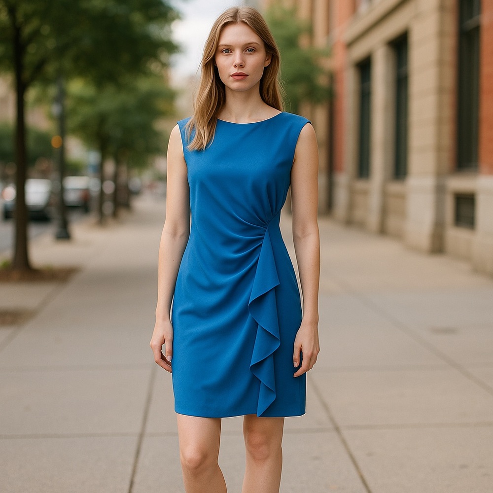NWOT Calvin Klein Boat Neck Cascade Side Ruffle Scuba Crepe Sheath Dress
